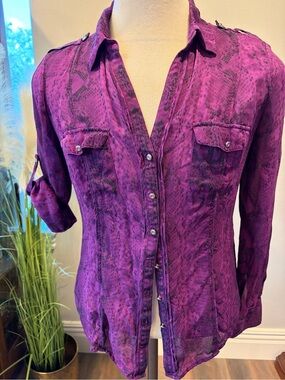 WHBM Women's Purple Button-Down Shirt with Subtle Snake Print Sz 14